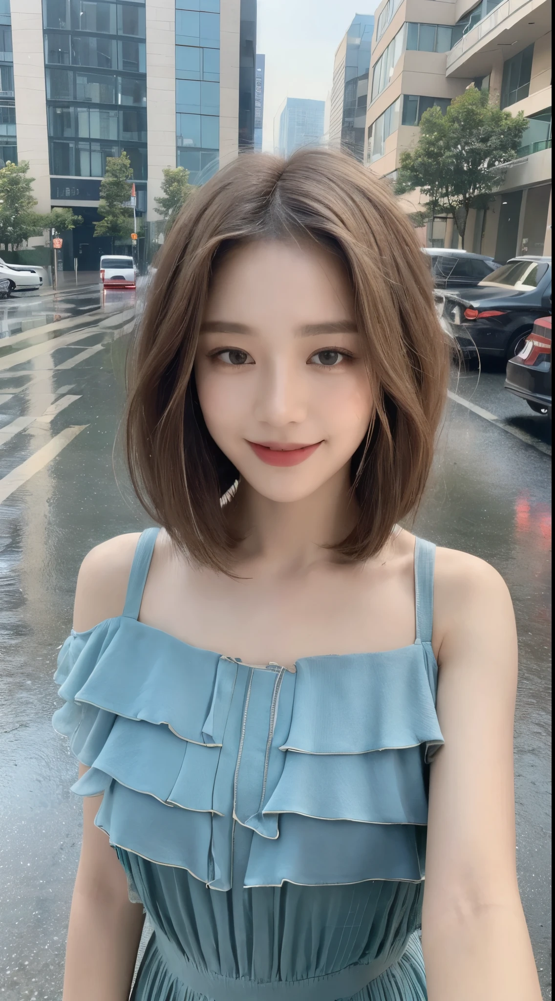 ((Highest quality, 8K, masterpiece:1.3)), concentrated: 1.2, Perfect Body Beauty: 1.4, Hips: 1.2, ((Layered Haircut, chest: 1.2)), (rain, street:1.3), Bandeau dress: 1.1, Highly detailed face and skin texture, Beautiful Eyes, double eyelid, Whitening skin, Long Hair, smile