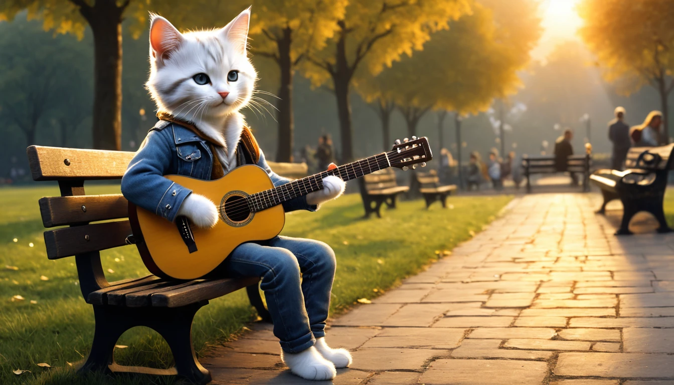 C4tt4stic, anthropomorphic cute kitten character, dressed and bipedal, human-like posture, playing acoustic guitar, park bench, sunset, relaxing, enjoying music, casual clothing, mystical, fantasy art, exquisite details, Jean-Baptiste Monge style, Alan Lee style, movie scene, dramatic shot angles, atmospheric particles, realistic, raw cinematic photorealism, action portrait, 8k, detailed, full frame