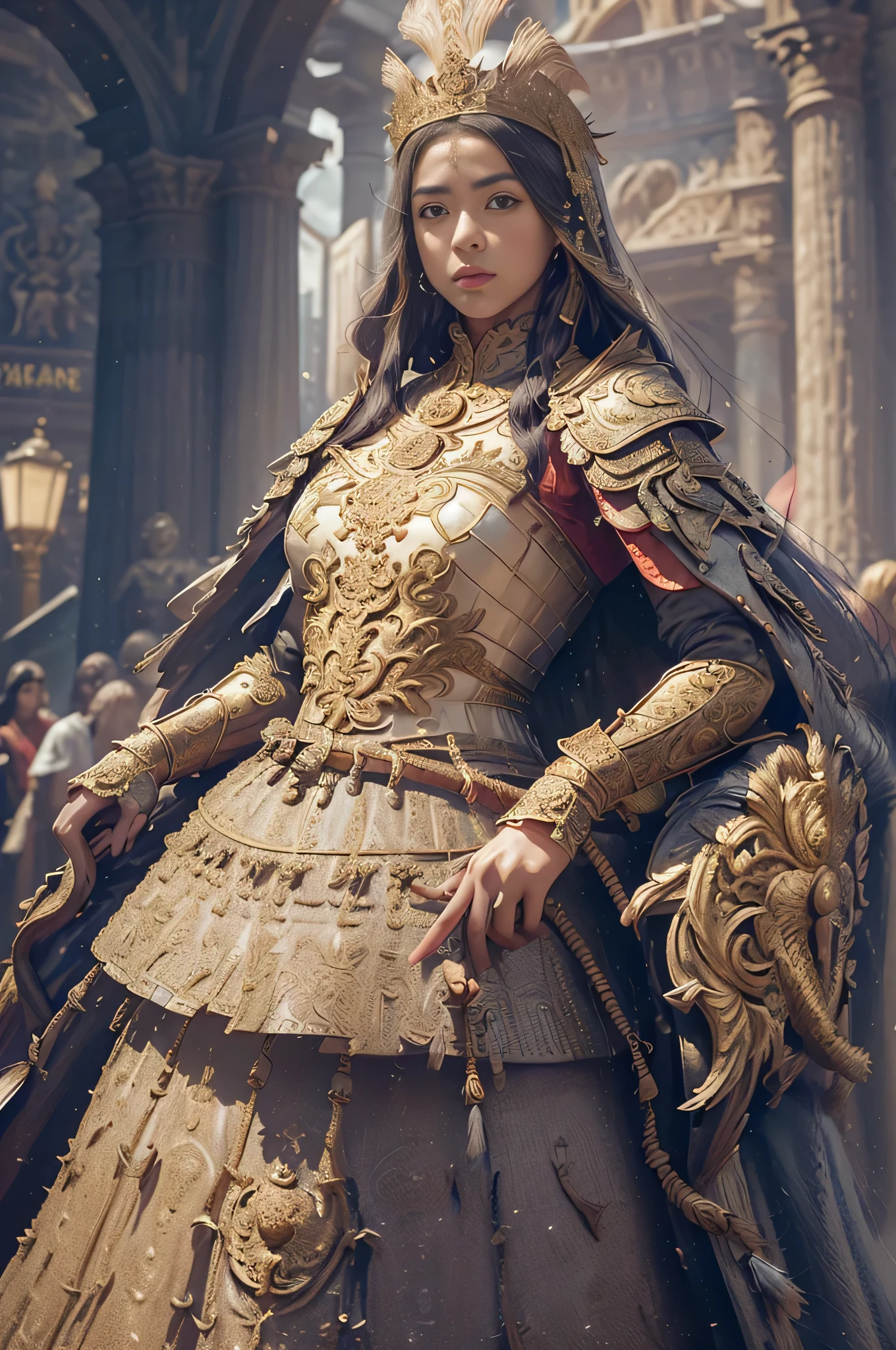 ((work-before))), ((best quality))), ((Ultra-detailed)), (hyper-realistic), (highly detailed CG illustration), cinematic lighti, photorealistic, extremely beautiful young lady, on the St. Peter's Square of Vatican,(beautiful face and lips), black hair, light makeup, big chest, intricate detailed eba, red cape, spear, Trend at Artstation.
