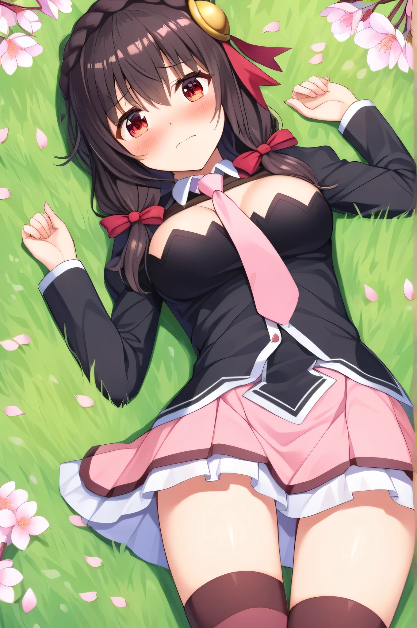 alone, One girl, Embarrassed face, View your viewers, Crown Blade, hair ornaments, Hair Ribbon, Pink tie, Black long sleeve, Pink Skirt, Knee socks, , grassland、Black Hair、Red Eyes、(blush:1.5)、Sleepon your back、cherry blossoms