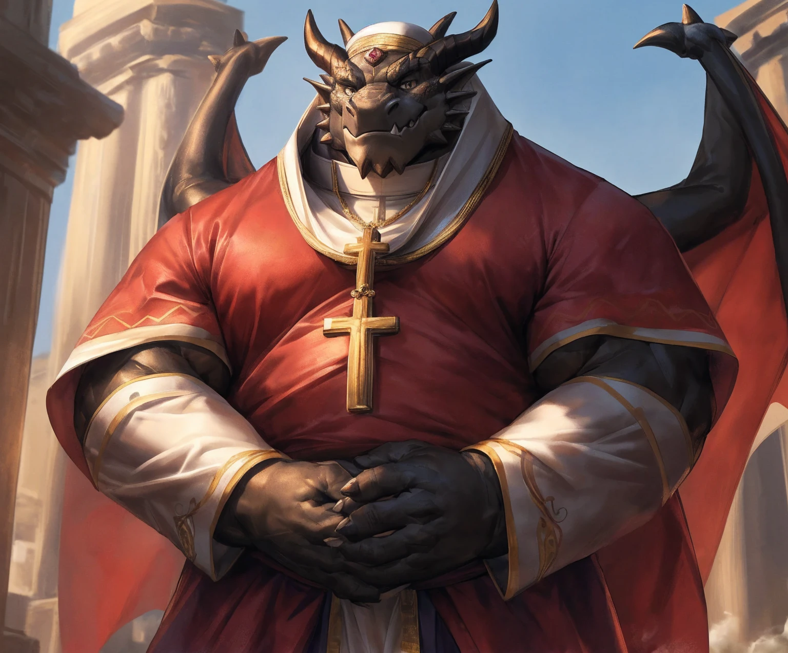 human nature, cannon, male, solitary, ((the strong,Handsome)), (dragon),((Traditional Catholic Pope outfit,西方dragondragon角)), standing,((Traditional Catholic style)),Hand in hand cross,high quality, (4K,high quality, high resolution, masterpiece), Front view (close up), cartoon,by lindong