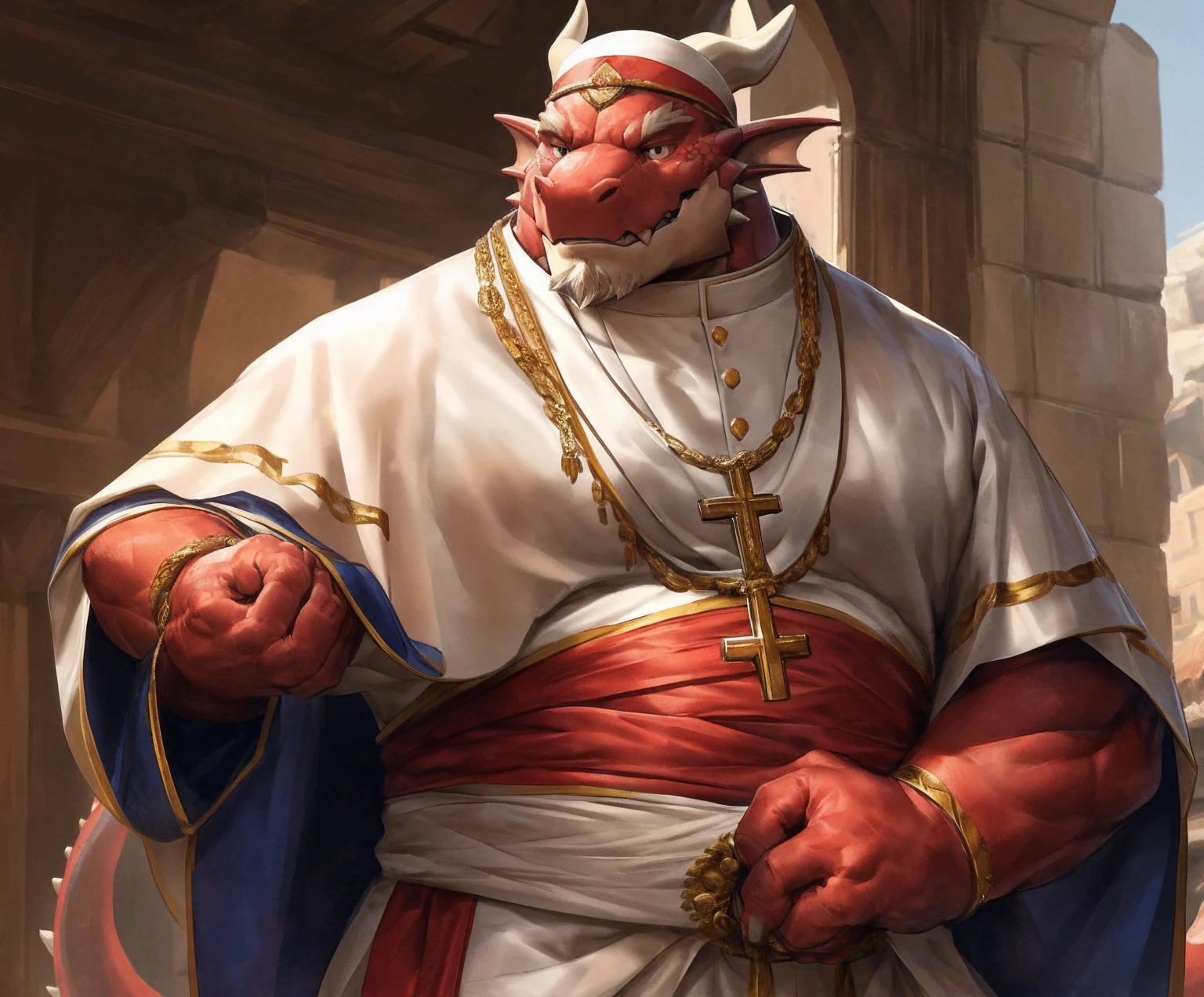 human nature, cannon, male, solitary, ((the strong，Handsome)), (dragon),((Traditional Catholic Pope outfit，西方dragondragon角))， standing，((Traditional Catholic style))，Hand in hand cross，high quality, (4K,high quality, high resolution, masterpiece), Front view (close up), cartoon,by lindong