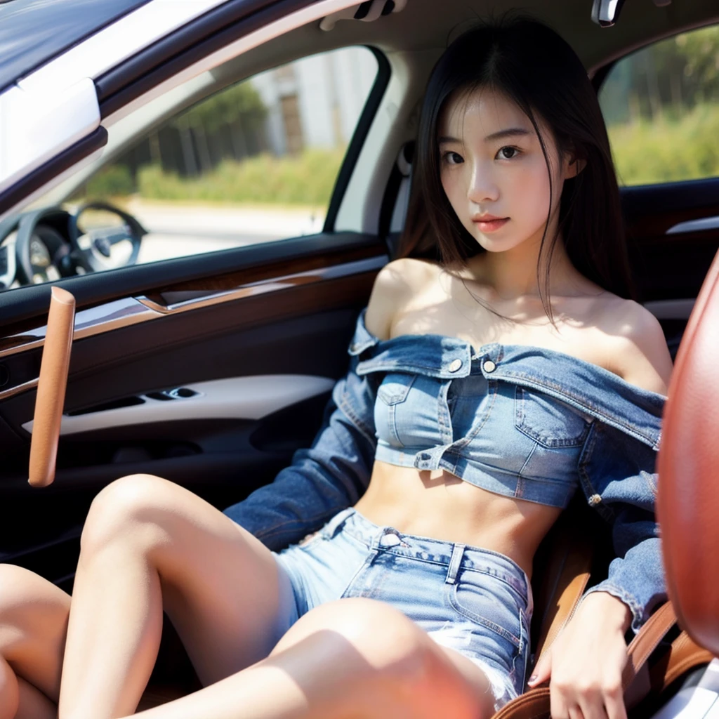 Taiwanese beauty，Sit in the car，Wearing a white top，Denim shorts，Sexy body