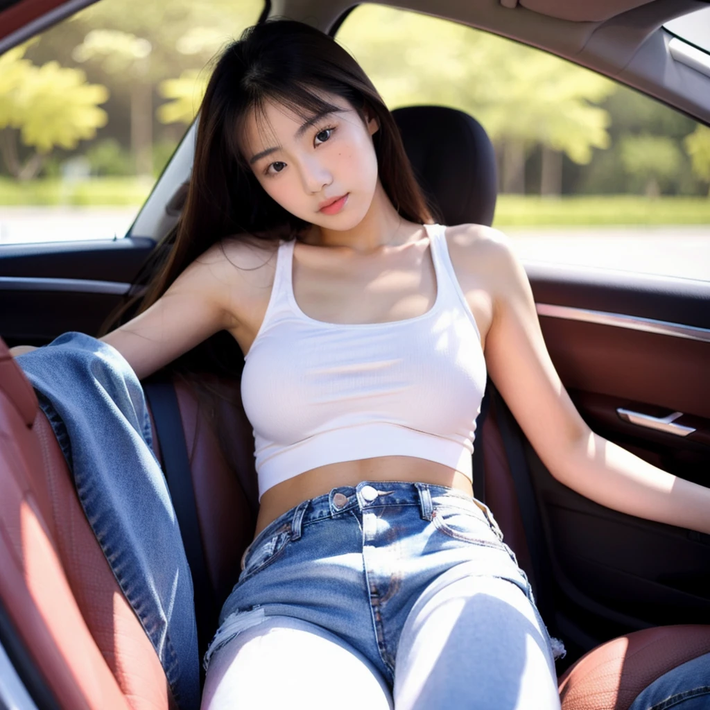 Taiwanese beauty,Sit in the car,Wearing a white top,Denim shorts,Sexy body