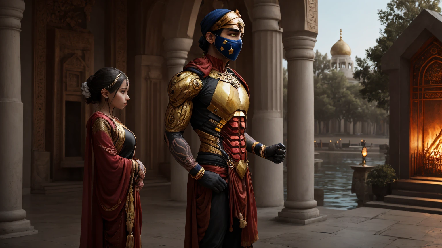 Voluptuous priestess with tattoos, Body piercings and an Iron Man mask outside a Hindu temple Ultra-realistic photo