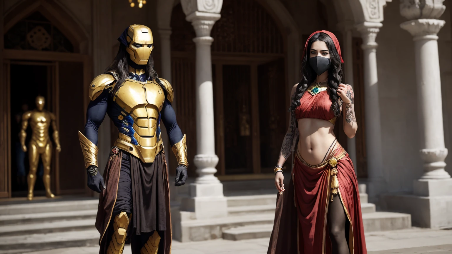 Voluptuous priestess with tattoos, Body piercings and an Iron Man mask outside a Hindu temple Ultra-realistic photo