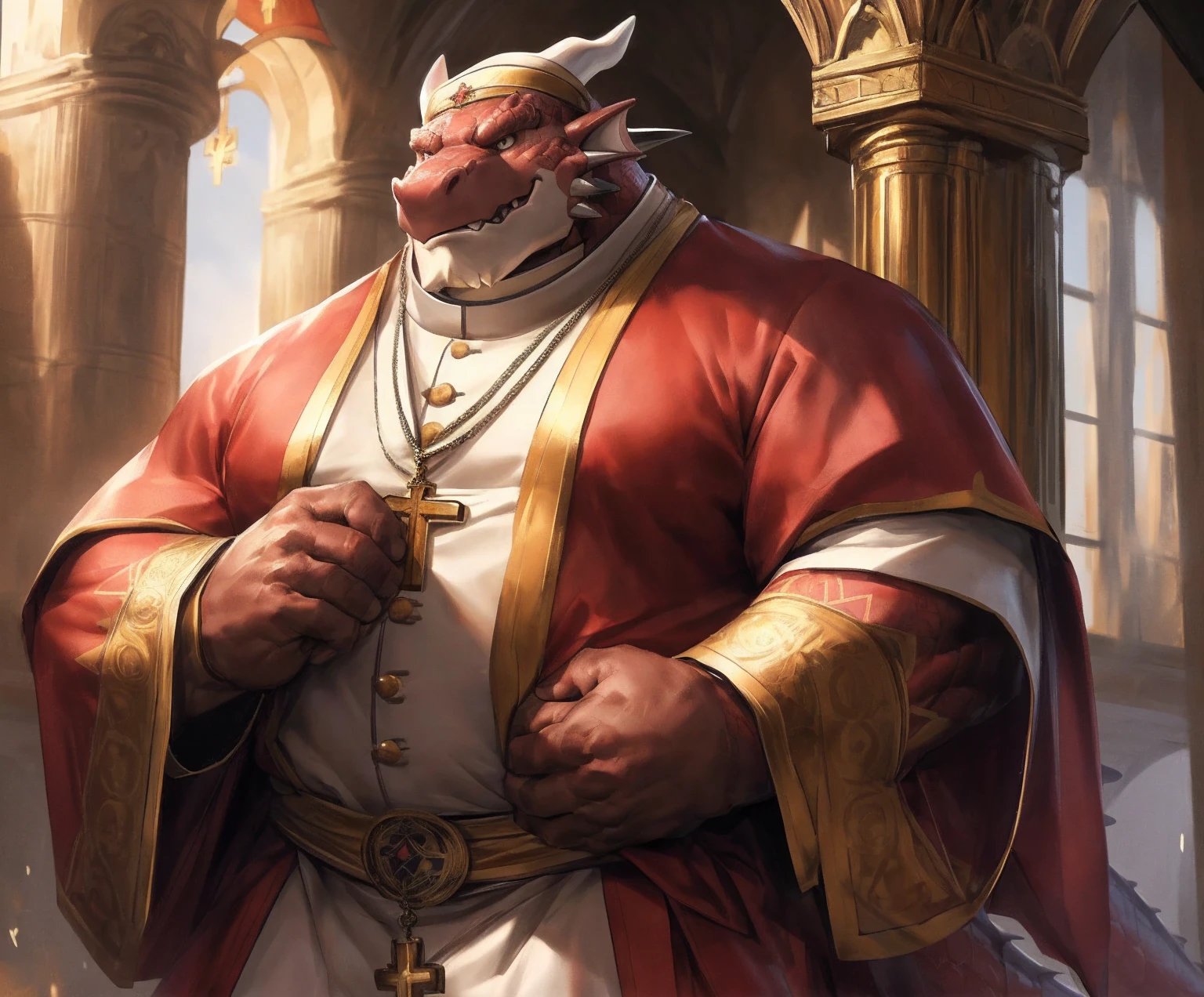 human nature, cannon, male, solitary, ((the strong,Handsome)), (dragon),((Traditional Catholic Pope outfit,西方dragondragon角)), standing,((Traditional Catholic style)),Hand in hand cross,high quality, (4K,high quality, high resolution, masterpiece), Front view (close up), cartoon,by lindong