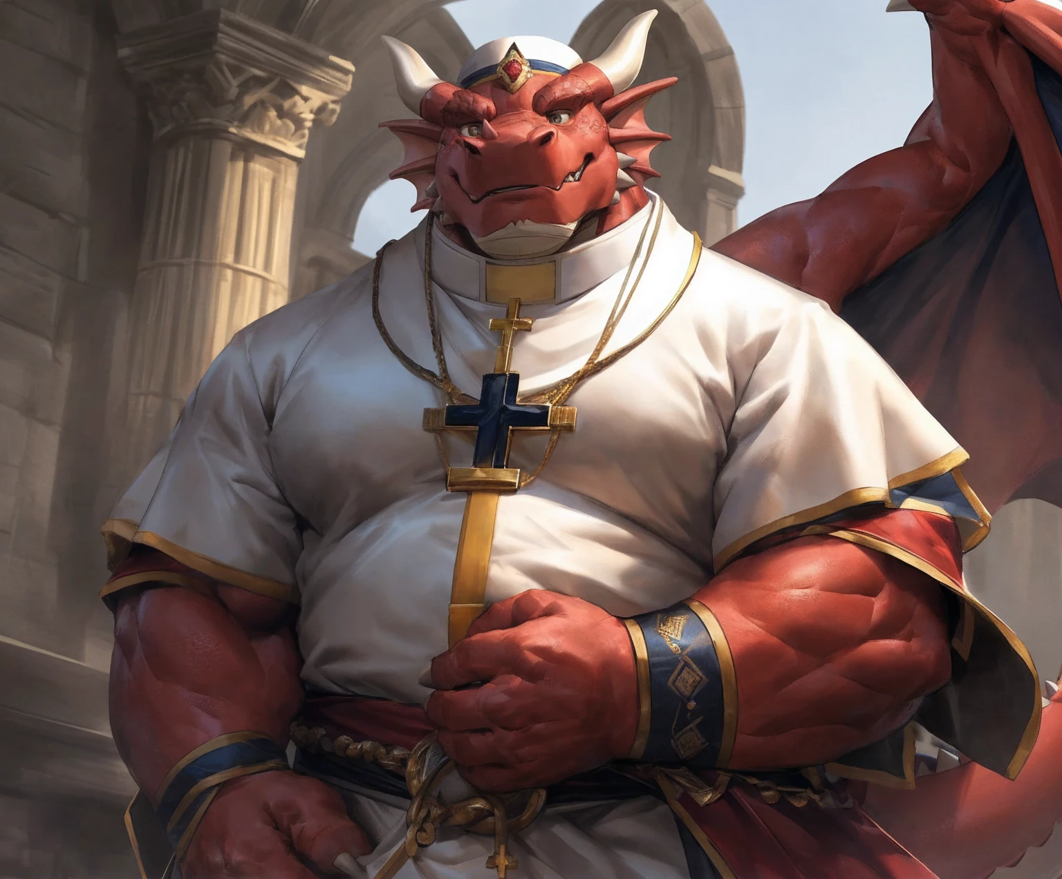 human nature, cannon, male, solitary, ((the strong，Handsome)), (dragon),((Traditional Catholic Pope outfit，西方dragondragon角))， standing，((Traditional Catholic style))，Hand in hand cross，high quality, (4K,high quality, high resolution, masterpiece), Front view (close up), cartoon,by lindong