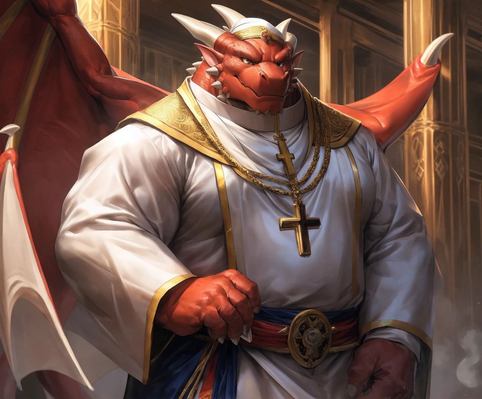 human nature, cannon, male, solitary, ((the strong,Handsome)), (dragon),((Traditional Catholic Pope outfit,西方dragondragon角)), standing,((Traditional Catholic style)),Hand in hand cross,high quality, (4K,high quality, high resolution, masterpiece), Front view (close up), cartoon,by lindong