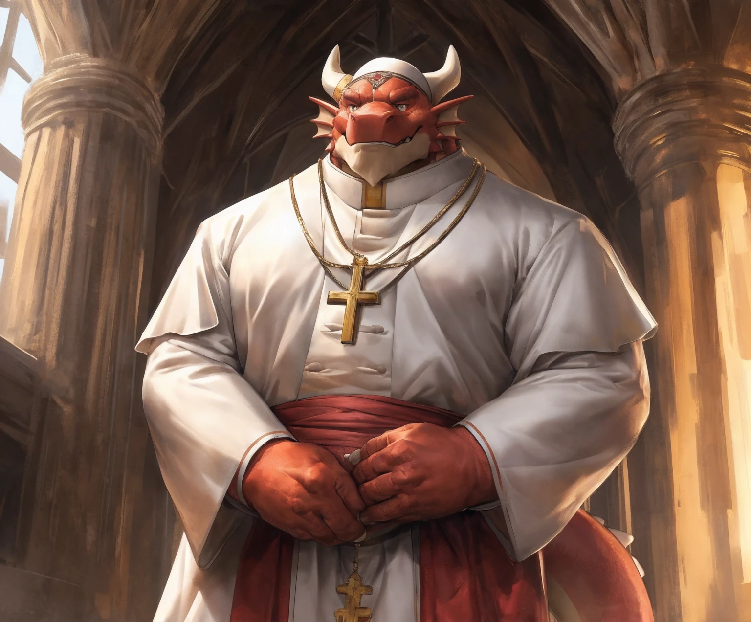 human nature, cannon, male, solitary, ((the strong，Handsome)), (dragon),((Traditional Catholic Pope outfit，西方dragondragon角))， standing，((Traditional Catholic style))，Hand in hand cross，high quality, (4K,high quality, high resolution, masterpiece), Front view (close up), cartoon,by lindong