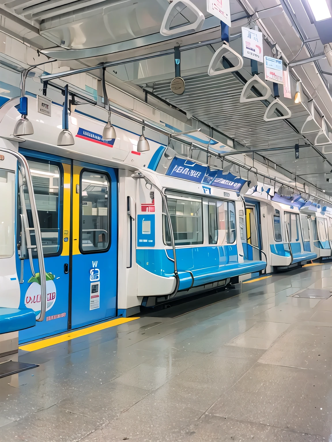 Masterpiece,hd, 2d, anime, trains, indoor, metro trains, white Walls, blue seats