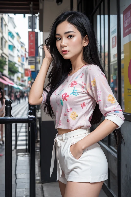 (8K, Ultra high res:1.1) Nguyen, an 18-year-old vibrant Vietnamese girl, exudes youthful charm in a modern Vietnamese-inspired outfit. She wears a stylish áo dài with contemporary patterns and designs, showcasing her fashion-forward sense. The high-resolution image captures ultra-detailed realism, highlighting Nguyen's captivating brown eyes, flawless complexion, and long black hair. The urban backdrop with its colorful street art and bustling cityscape adds a touch of youthful energy, creating a visually captivating representation of Nguyen's modern Vietnamese style.