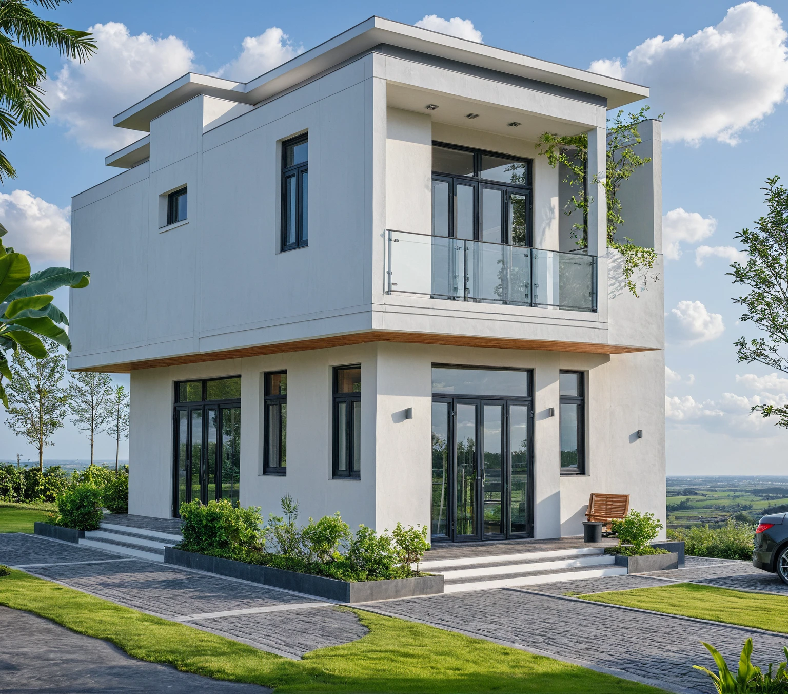 Masterpiece, high quality, best quality, authentic, super detail, outdoors, onestoreyvillaXL, aiaigroup, house style modern on the street ,stairs, white wall ,road,pavement, grass, trees, sky, cloud, (daylight:1.1)
