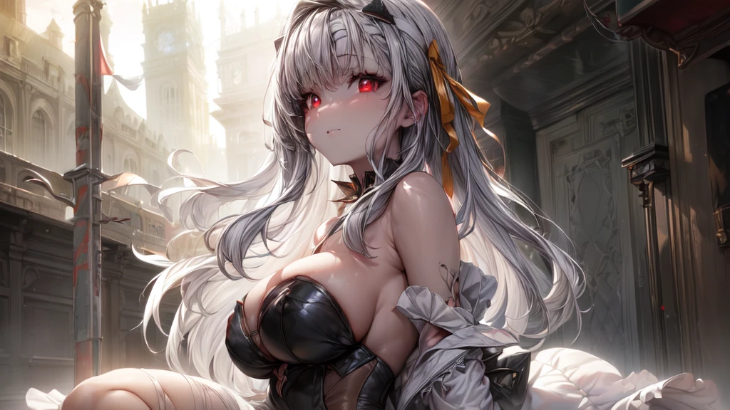 ((((Obra maestra, La mejor calidad, ultrahigh resolution)))), 1girl, standing, (cute maid costume), ((long pure silver hair and grey mesh hair, hair over eye)), long hair cut, pale skin, ((red eyes)), glowing_eyes, neon eyes, (ultra detailed eyes:0.7, beautiful and detailed face, detailed eyes:0.9), ((centered)), smile, ((wide shot)), facing viewer, ((vibrant background, bright lighting, summer, sunlight)), flat chested, looking at viewer, ((half closed eyes)), ((perfect hands)), (((head:1, arms, hips in view, elbows, arms, legs, in view))), ((hands behind back)), empty eyes, beautiful lighting, ((outside, outdoors)), defined subject, head tilt, (((gritty)), ((creepy)), ((cool)), ((beautiful)), (((SFW)))