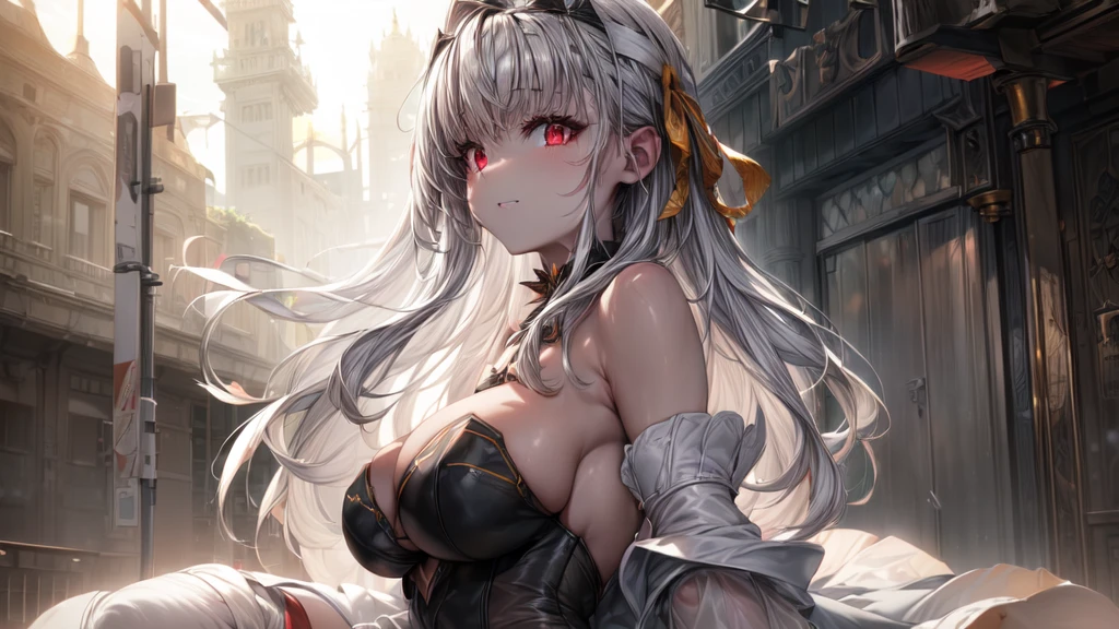 ((((Obra maestra, La mejor calidad, ultrahigh resolution)))), 1girl, standing, (cute maid costume), ((long pure silver hair and grey mesh hair, hair over eye)), long hair cut, pale skin, ((red eyes)), glowing_eyes, neon eyes, (ultra detailed eyes:0.7, beautiful and detailed face, detailed eyes:0.9), ((centered)), smile, ((wide shot)), facing viewer, ((vibrant background, bright lighting, summer, sunlight)), flat chested, looking at viewer, ((half closed eyes)), ((perfect hands)), (((head:1, arms, hips in view, elbows, arms, legs, in view))), ((hands behind back)), empty eyes, beautiful lighting, ((outside, outdoors)), defined subject, head tilt, (((gritty)), ((creepy)), ((cool)), ((beautiful)), (((SFW)))