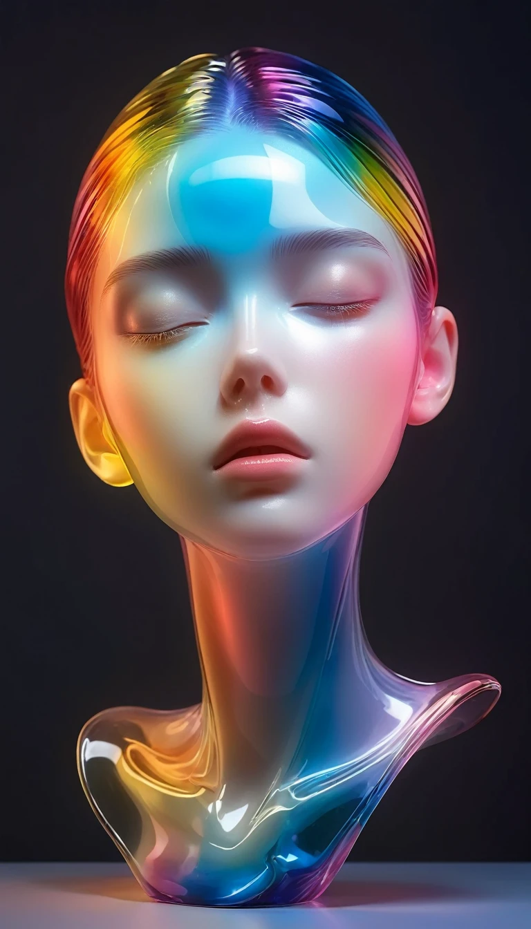 A colorful transparent 3D portrait sculpture made of glass is placed on the central stand.,simple,Minimalism,beautiful girl,Soft and elegant colors,,Dark background,Luminescence