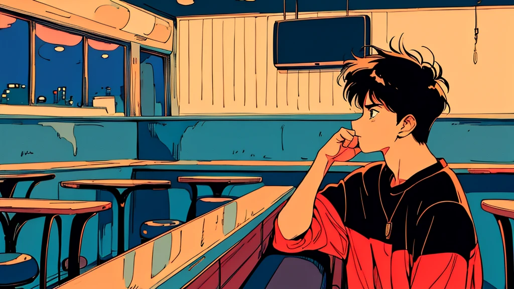 An emotional boy、The style is good、Retro anime images、Highest quality、4k、Drinking alone at a bar、City of night、