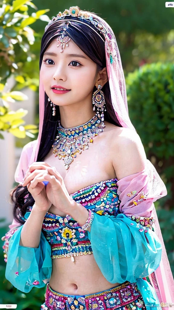 colorful, null, Flowers, Magic, Fantasy, That, Highest quality,beautiful detailed hijabi,Fascinating face,Tzuyu loves YooA ,Long eyelashes,Wearing a colorful bellydancer,Detailed explanation,huge ,With cleavage, Underbust, Side bust,Looking into the camera、Java Castle