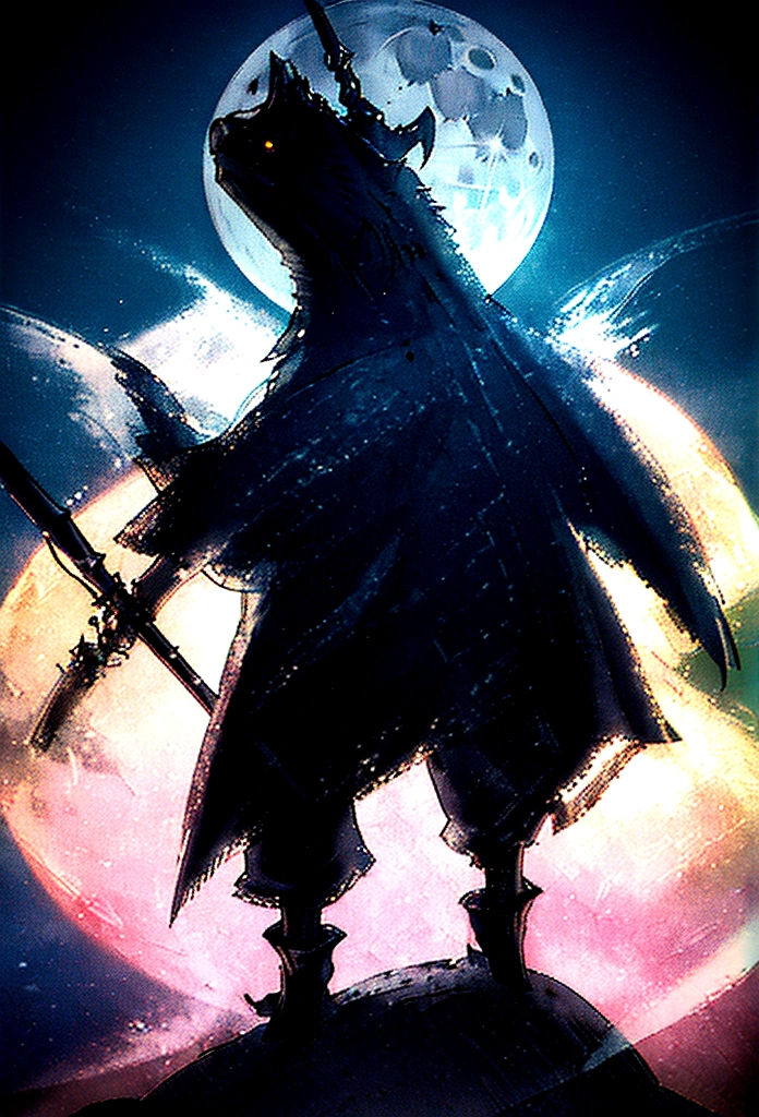 A man wearing a tattered black cloak standing on a high-rise building, wearing a solid black mask, holding a large scythe, a full moon behind him, moonlight casting a cold glow on him, a turtle on his shoulder, extremely detailed facial features, dramatic lighting, dark fantasy, melancholy atmosphere, mysterious, supernatural, surreal, pensive, emotive, grand, (best quality,4k,8k,highres,masterpiece:1.2),ultra-detailed,(realistic,photorealistic,photo-realistic:1.37)