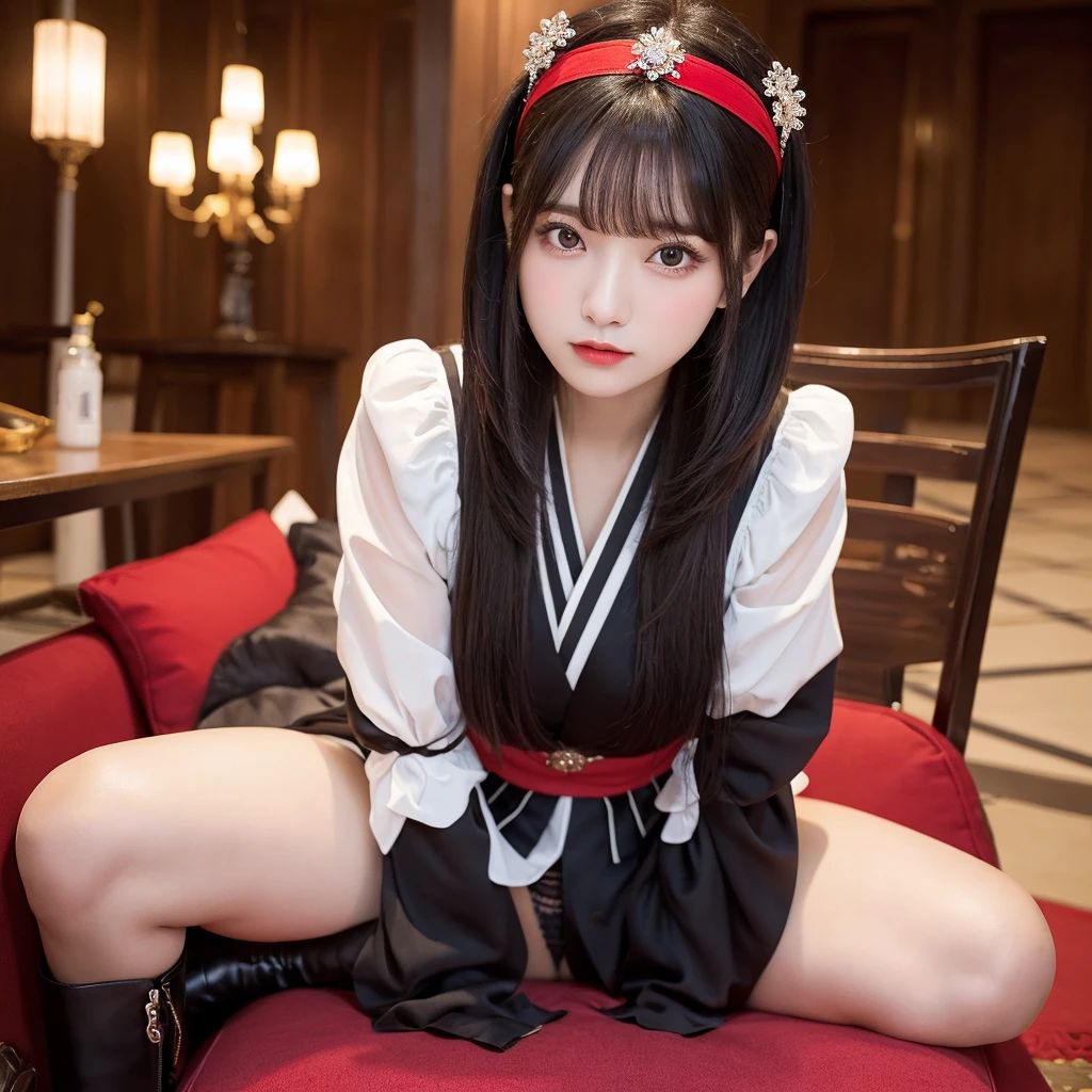 Urzan-6500-v1.1, (RAW Photos:1.2), (Photorealistic), (Genuine:1.4), (Pieces fly), Elegant woman with a perfect figure: 1.3, Jet Black Hair、((Straight bob hair with neatly trimmed ends、bangs、Red Hairband))、(She is wearing a deep purple furisode with an elegant pattern..)、Standing with the fan closed、Majestic Hall々, (A look full of murderous intent:1.2)、 Highly detailed face and skin, Beautiful Eyes, double eyelid, Full Body Shot:1.2、Wearing short boots、(1 person:1.4)、Sit on a chair、High-quality panties available、