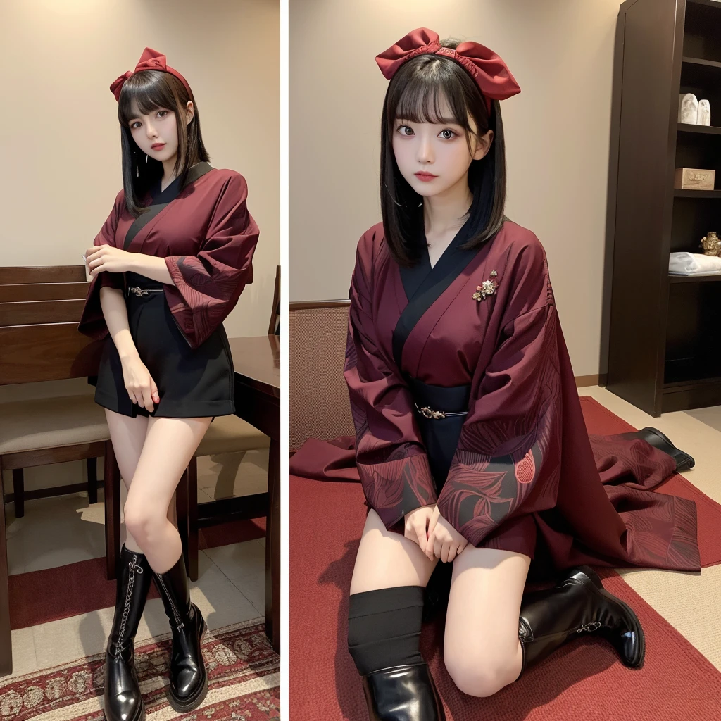 Urzan-6500-v1.1,  (RAW Photos:1.2), (Photorealistic), (Genuine:1.4), (Pieces fly), Elegant woman with a perfect figure: 1.3, Jet Black Hair、((Straight bob hair with neatly trimmed ends、bangs、Red Hairband))、(She is wearing a deep purple furisode with an elegant pattern..)、Standing with the fan closed、Majestic Hall々, (A look full of murderous intent:1.2)、 Highly detailed face and skin, Beautiful Eyes, double eyelid,  Full Body Shot:1.2、Wearing short boots、(1 person:1.4)、Sit on a chair、High-quality panties available、