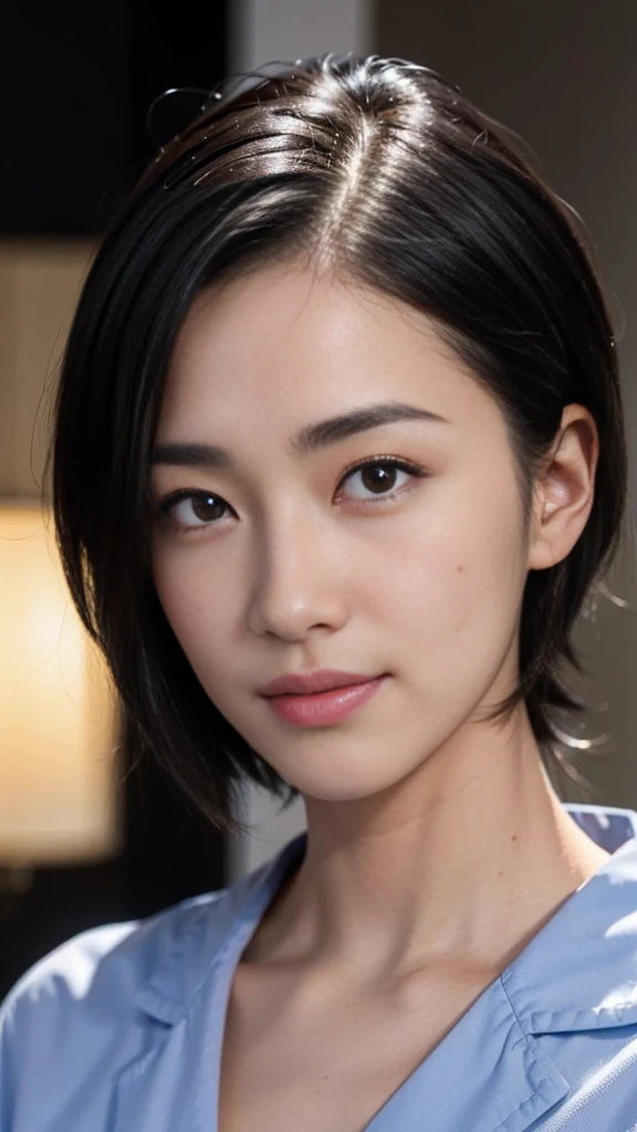 (((male))), 29-year-old,dentist, Japanese, High resolution, Realistic image, Upper body composition, Illuminate the face, Short black hair, Sharp eyebrows, Narrow eyes that hint at cunning, Pointy Nose, Thin-lipped smile, Not muscular but healthy, The background is a modern office setting, Facial imperfections such as a slight scar above the right eyebrow,Wearing black medical scrubs