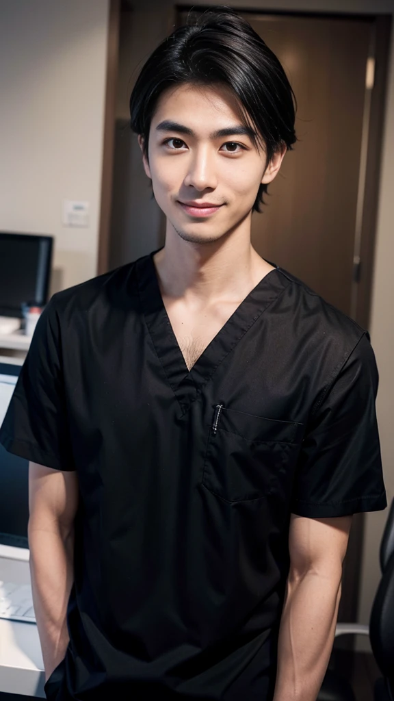 (((male))), 29-year-old,dentist, Japanese, High resolution, Realistic image, Upper body composition, Illuminate the face, Short black hair, Sharp eyebrows, Narrow eyes that hint at cunning, Pointy Nose, Thin-lipped smile, Not muscular but healthy, The background is a modern office setting, Facial imperfections such as a slight scar above the right eyebrow,Wearing black medical scrubs