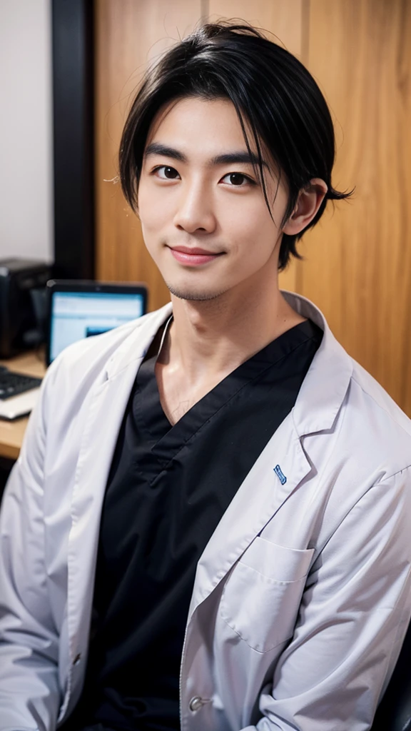 (((male))), 29-year-old,dentist, Japanese, High resolution, Realistic image, Upper body composition, Illuminate the face, Short black hair, Sharp eyebrows, Narrow eyes that hint at cunning, Pointy Nose, Thin-lipped smile,  Not muscular but healthy, The background is a modern office setting, Facial imperfections such as a slight scar above the right eyebrow,Wearing black medical scrubs