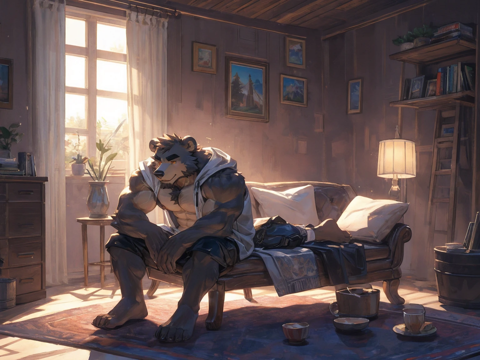 By Taran Fiddler, one man, alone, anthro canine (irish wolfhound), hound dog breed, brown fur, dilf, wrinkly face, bushy eyebrows, completely naked, naked v4, flaccid penis, (knot), veiny penis, tip of dick is wet, sweaty balls, reading a magazine, paw holding magazine, looking at magazine, laying down on a bed, laid down, snarling, inside a national park watchtower, super detailed