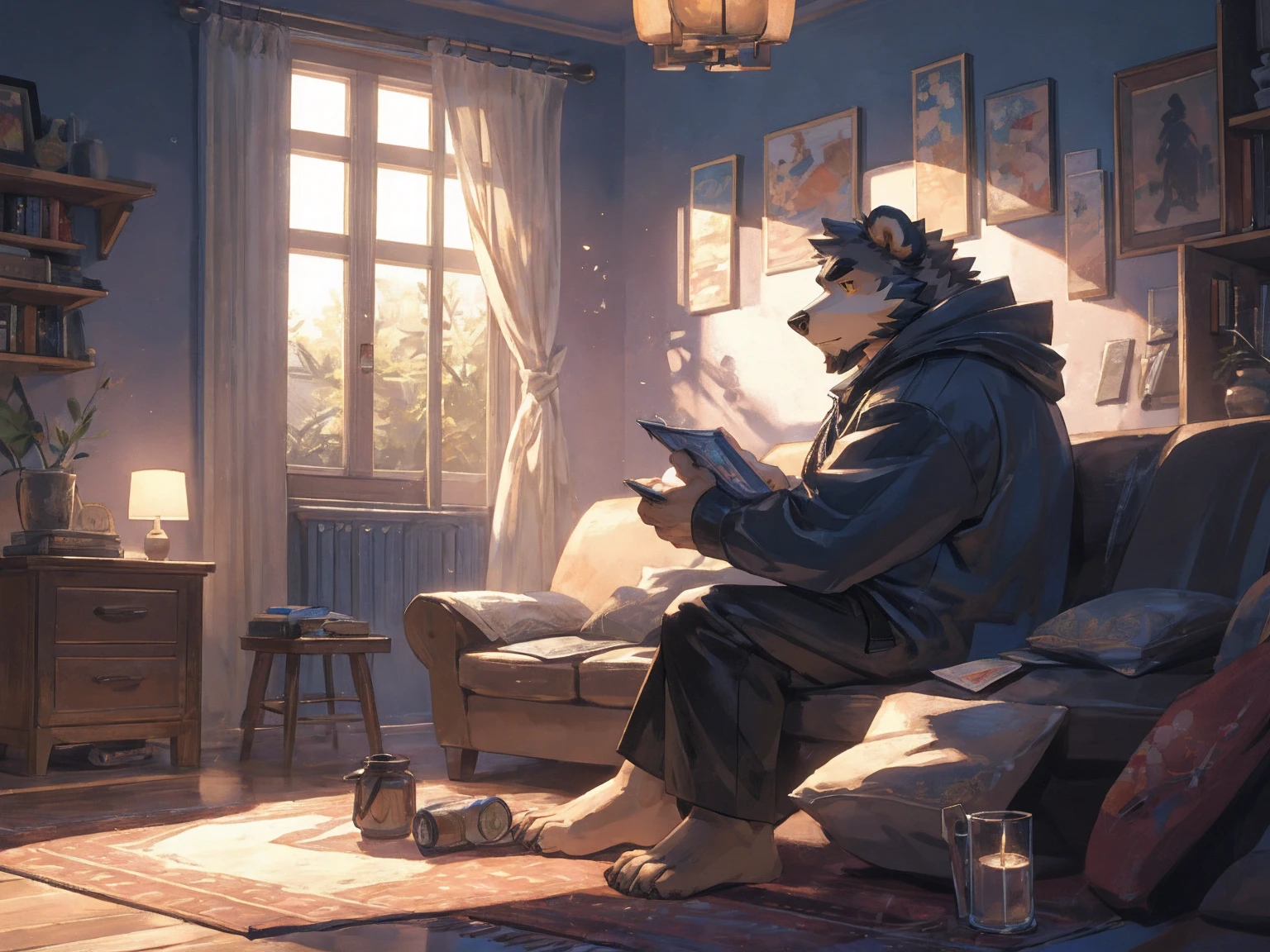 (masterpiece:1.2), best quality,pixiv,official art,perfect anatomy, (Ray tracing, light),solo, (1_male:1.3) , (muscle), (grey fur:1.4), (muscle bear), (beard:1.2), (gleaming golden eyes), bear tail, Thick black eyebrows, (open hooded parka) , (naked inside:1.2), cargo shorts, barefoot , (morden apartment: 1.3), french window, indoor , fur carpet , cushion , rest on sofa