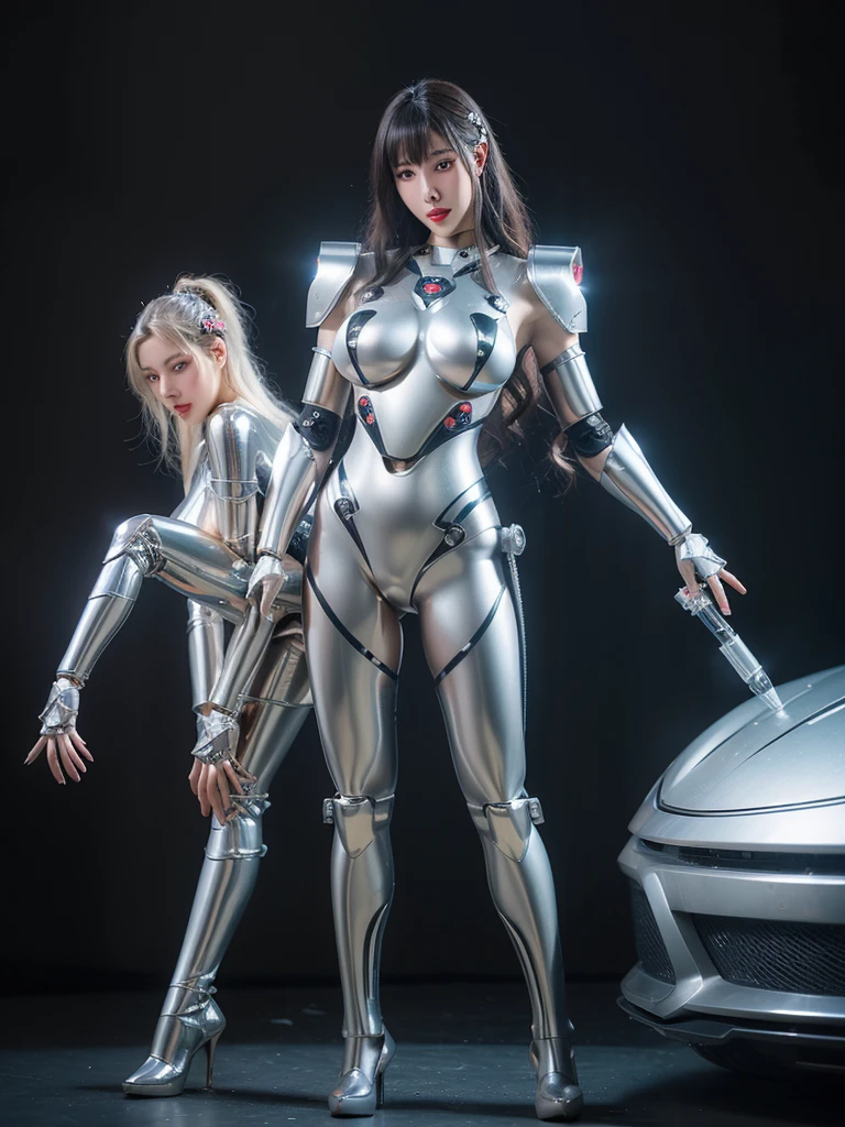 Super Detail, High Detail, high quality, best quality, High resolution,1 female robot,Beautiful female robot,beautiful clear face(Rain waves_haneame:1.5), Mechanical body(Smooth metal surface,silver armor,Mechanical seams of skin,beautiful body curves),Mechanical body structure,High-tech all over the body(Deva Battle Suit : 1.treamlined mechanical armor (Relatively thick,Highlight breaves),Technology Antenna Hair Accessories