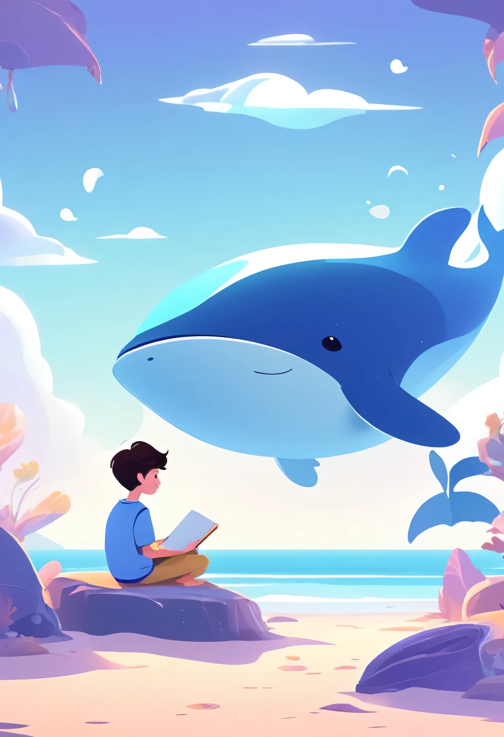 A boy sitting on the beach,Holding a notebook in hand,A cartoon of a whale next to it, 2d illustration, 2d illustration, detailed 2d illustration, Clean and concise illustrations, Website Avatar, simple cartoon style, digital 2d illustration, 2D mask illustration, 2. 5D Illustration, Animation illustration style, john egbert, 2D digital illustration, Simple illustration