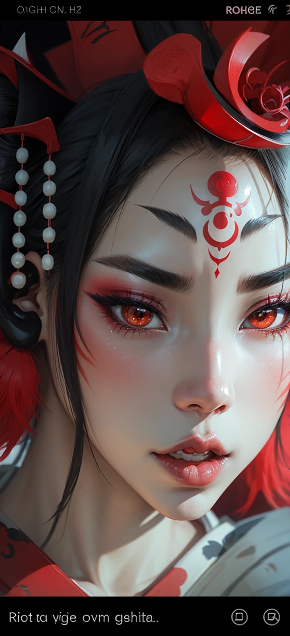 Ancient Chinese horror atmosphere,The woman's panicked face,Half face, half demon mask,frontage。Close-up
