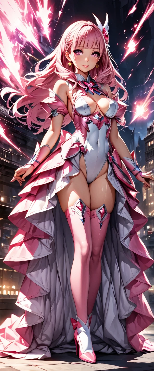 (Perfect Anatomy)、Mastepiece、Ultra High Quality、 8K、masterpiece、Highest quality、Ultra-high resolution、Maximum resolution、Very detailed、Professional Lighting、anime、woman、thin、so beautiful、Highly detailed eye、Highly detailed face、Golden earrings、Pink Hair,、Pink eyes、Mid-chest, pink lips, upper arm pink armor, white leotard, pink pattern, full body, magical girl, Angel Girl, Are standing, pink thigh high stockings, white super long boots, pink gauntlet, high heels, hime cut, bridal hair accessory, pyrokinetic blasts