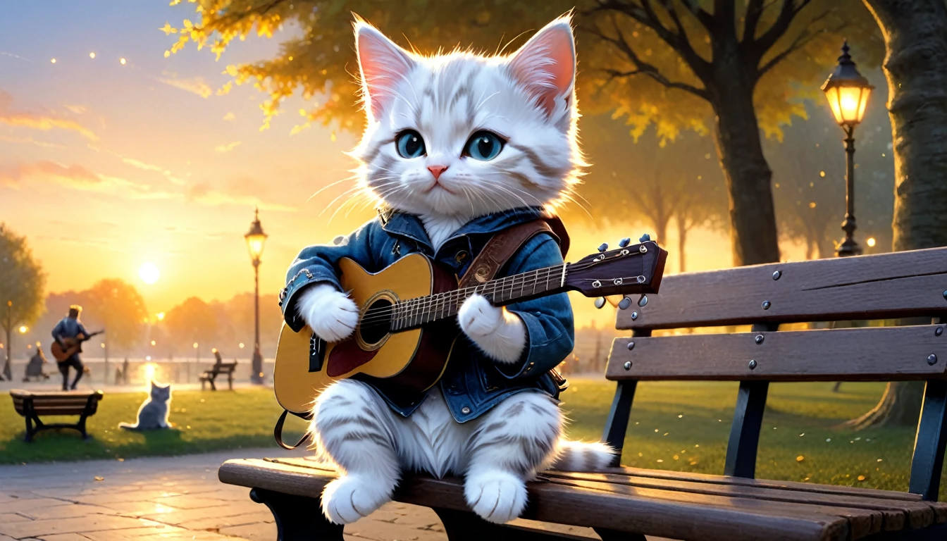 C4tt4stic, anthropomorphic cute kitten character, dressed and bipedal, human-like posture, playing acoustic guitar, park bench, sunset, relaxing, enjoying music, casual clothing, mystical, fantasy art, exquisite details, Jean-Baptiste Monge style, Alan Lee style, movie scene, dramatic shot angles, atmospheric particles, realistic, raw cinematic photorealism, action portrait, 8k, detailed, full frame