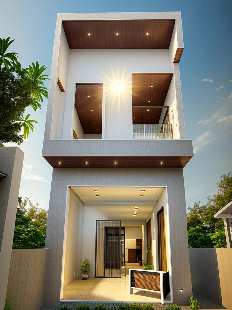 townhouse with bancony, white wall, glass rail, window, mental gate, ( realistic photo)