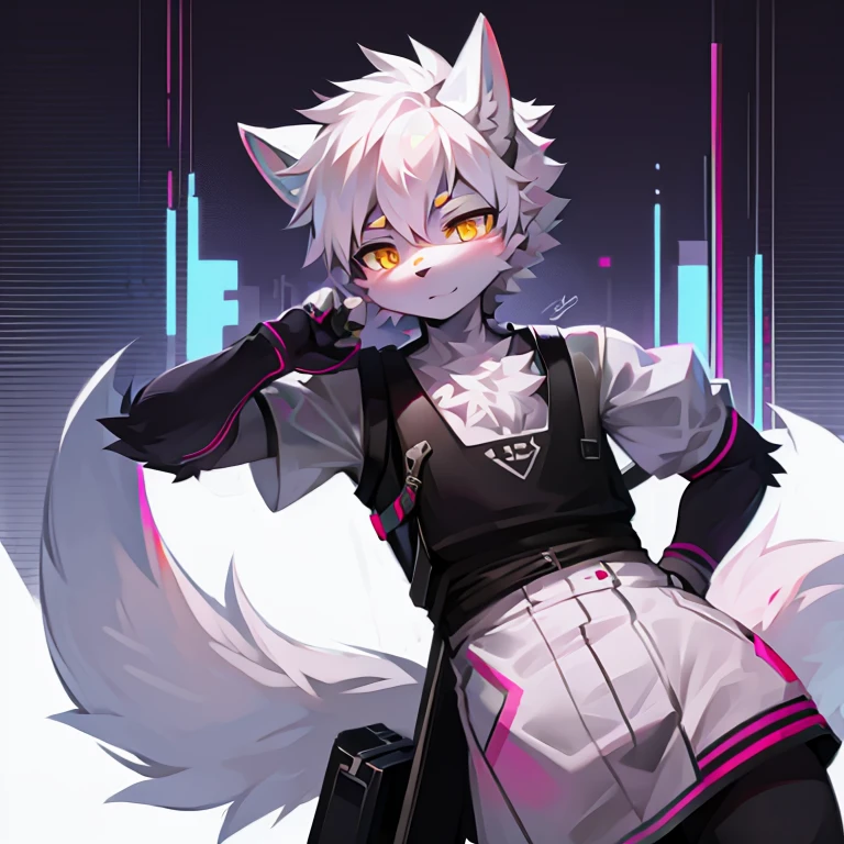 cyber punk perssonage,epcot,Tech style,solo person,White body,White ears,White hair,Overall white,Orange-yellow eyes,Wolf tail,Wolf orcs,Young,Wear a short-sleeved shirt,Ultra-clear screen,Soft lines