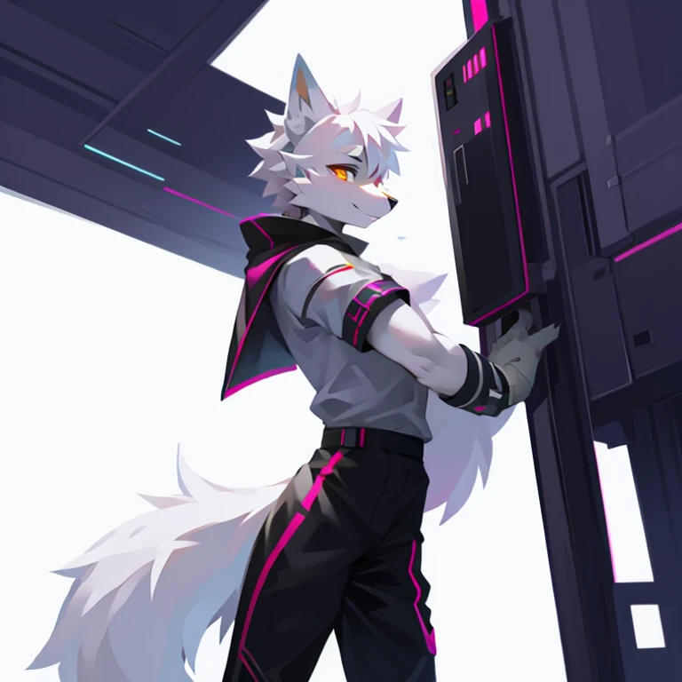 cyber punk perssonage，epcot，Tech style，solo person，White body，White ears，White hair，Overall white，Orange-yellow eyes，Wolf tail，Wolf orcs，Young，Wear a short-sleeved shirt，Ultra-clear screen，Soft lines