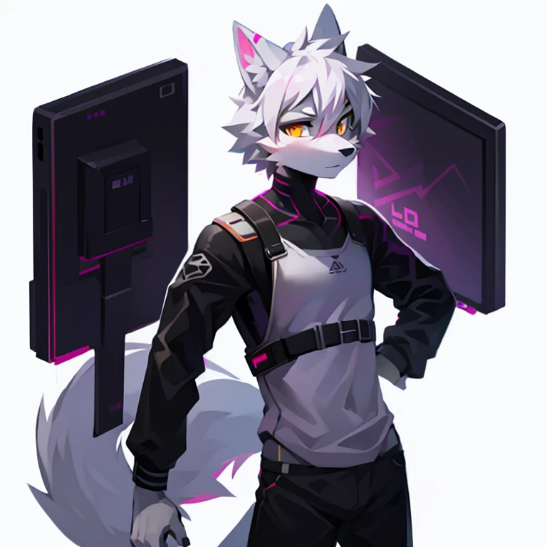 cyber punk perssonage，epcot，Tech style，solo person，White body，White ears，White hair，Overall white，Orange-yellow eyes，Wolf tail，Wolf orcs，Young，Wear a short-sleeved shirt，Ultra-clear screen，Soft lines
