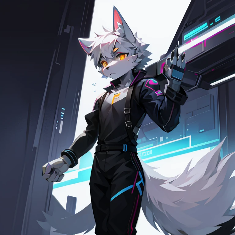 cyber punk perssonage,epcot,Tech style,solo person,White body,White ears,White hair,Overall white,Orange-yellow eyes,Wolf tail,Wolf orcs,Young,Wear a short-sleeved shirt,Ultra-clear screen,Soft lines