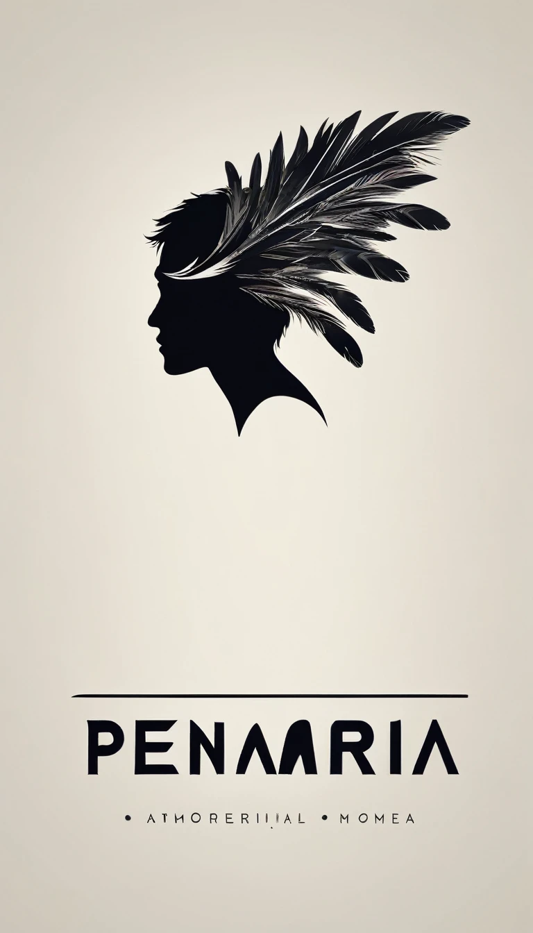 A minimal, modern, simple, cinematic logo design e of a boy with a head full of feathers for the brand “Penamemoria" .
