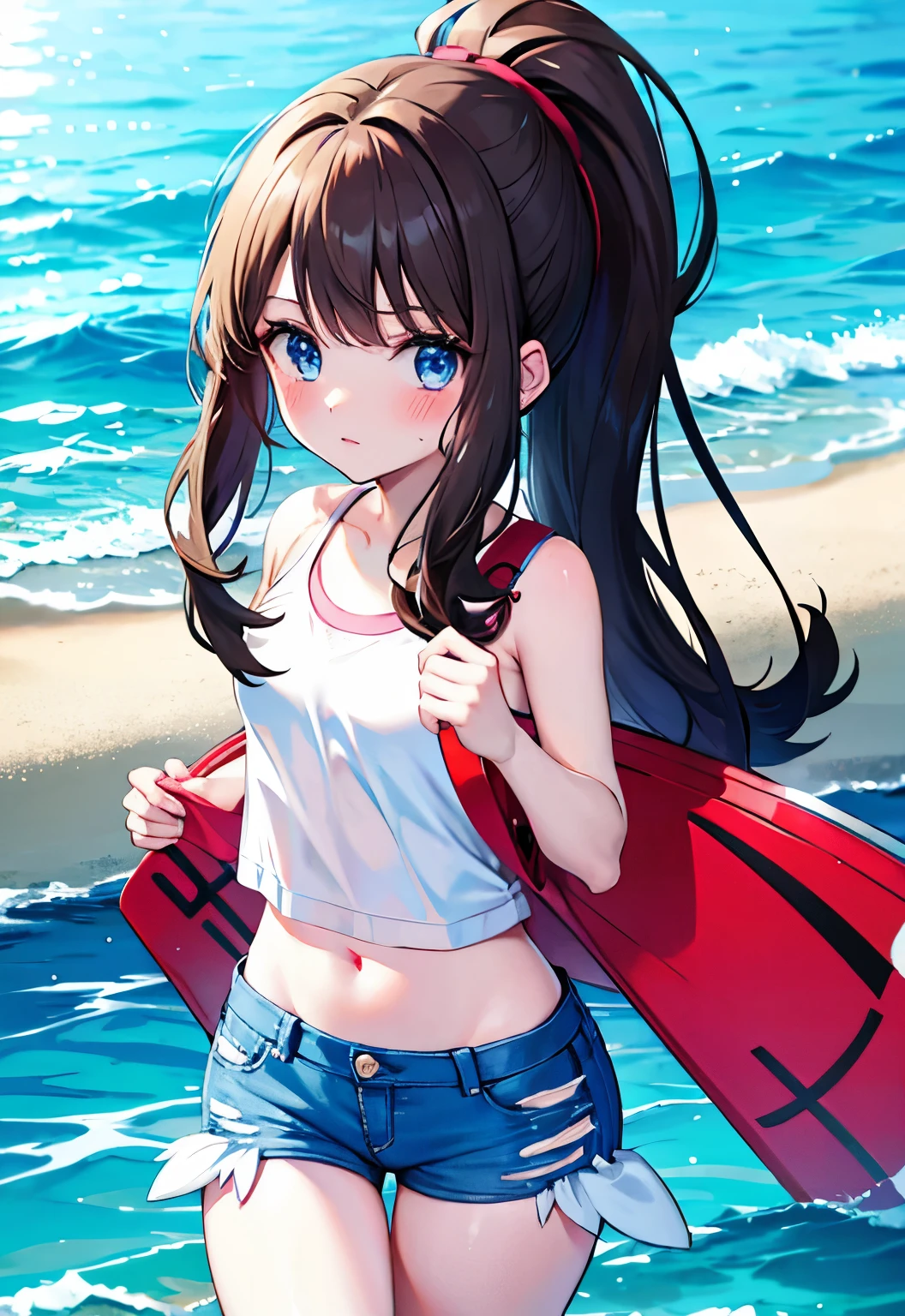 Brunette，blue eyes，High Ponytail，blush，Long hair，，White killer swimsuit，Denim shorts，seaside，Douzi《Pokemon》