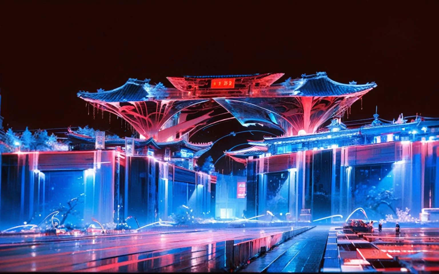 Chinese architecture, symmetrical composition, X-ray, transparent, architectural structure, bioluminescence, white and blue and red, minimalist shape
