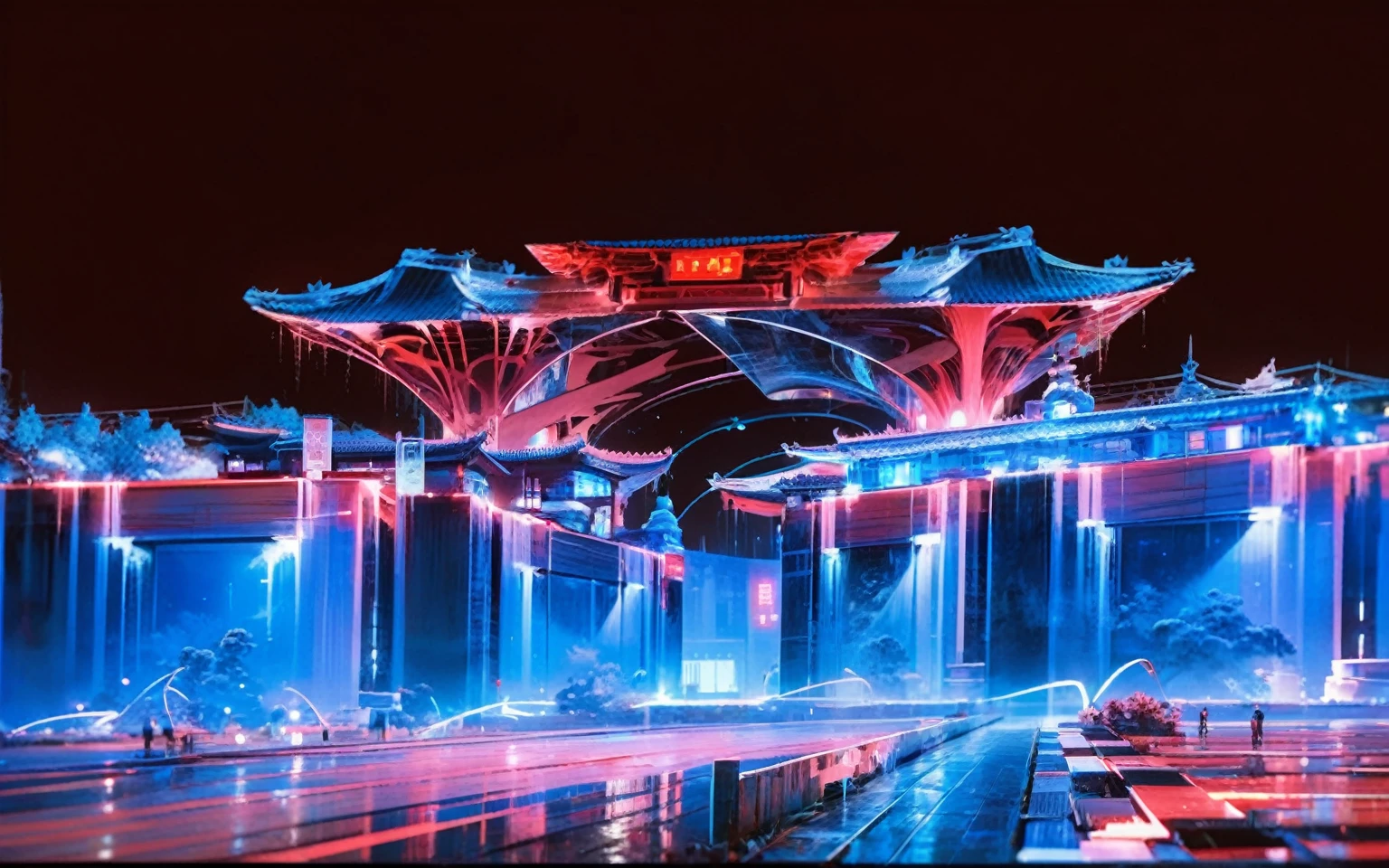Chinese architecture, symmetrical composition, X-ray, transparent, architectural structure, bioluminescence, white and blue and red, minimalist shape
