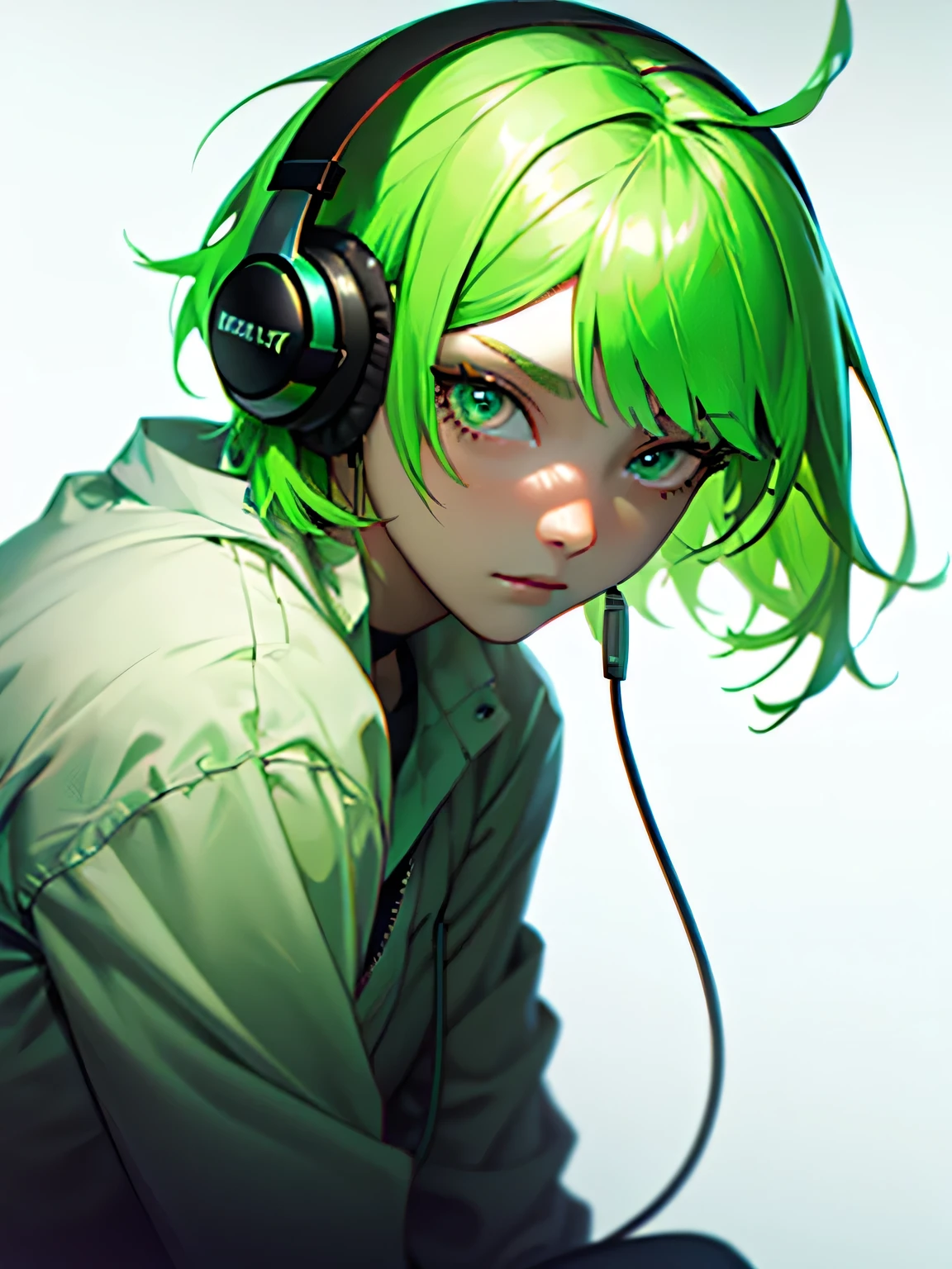 Girl, cute, green colour view, short hair, headphone, green eyes