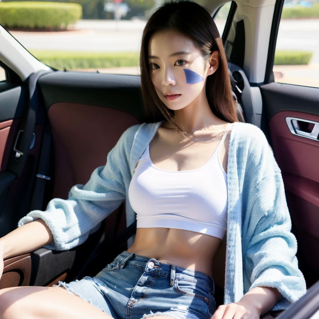 Taiwanese beauty,Sit in the car,Wearing a white top,Denim shorts,Sexy body