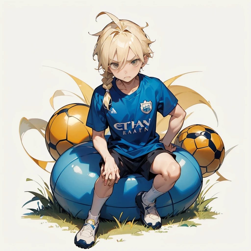 Random evolution, (1boy), (full body version), little boy, Masculine, (his face scowls), albino skin, sport, football player, 1ball, (Blonde colored hair, Long Straight hairstyle, narrow eyes, hazel eyes), Manchester City blue t-shirt, White shorts, white socks, Grassroots, There's a ball