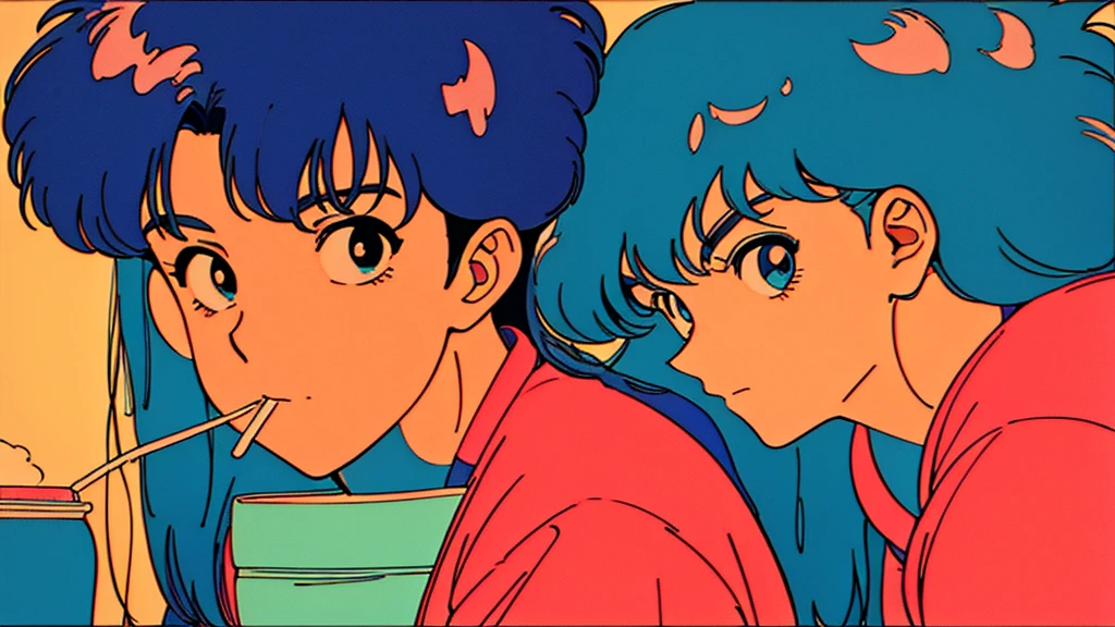 1980s \(style\), 1990s \(style\), 2girls, barefoot, bed, bed sheet, blue hair, long hair, multiple girls, pillow, red hair, retro artstyle, shirt, short hair, sitting, smile <lora:80sv1:0.6>