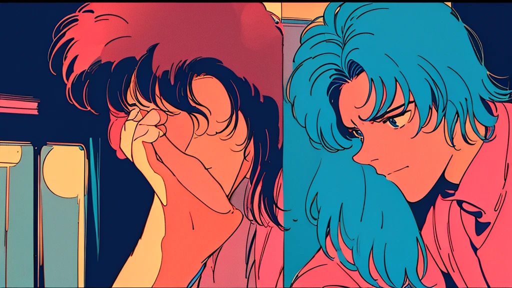 An emotional boy、The style is good、Retro anime images、Highest quality、４ｋ、Drinking alone at a bar、City of night、Close-up of a man, 80年代のAnime atmosphere, 80s anime style, Retro anime men, 1980's anime style, Retro anime images, Anime atmosphere, Playing games, Smoking