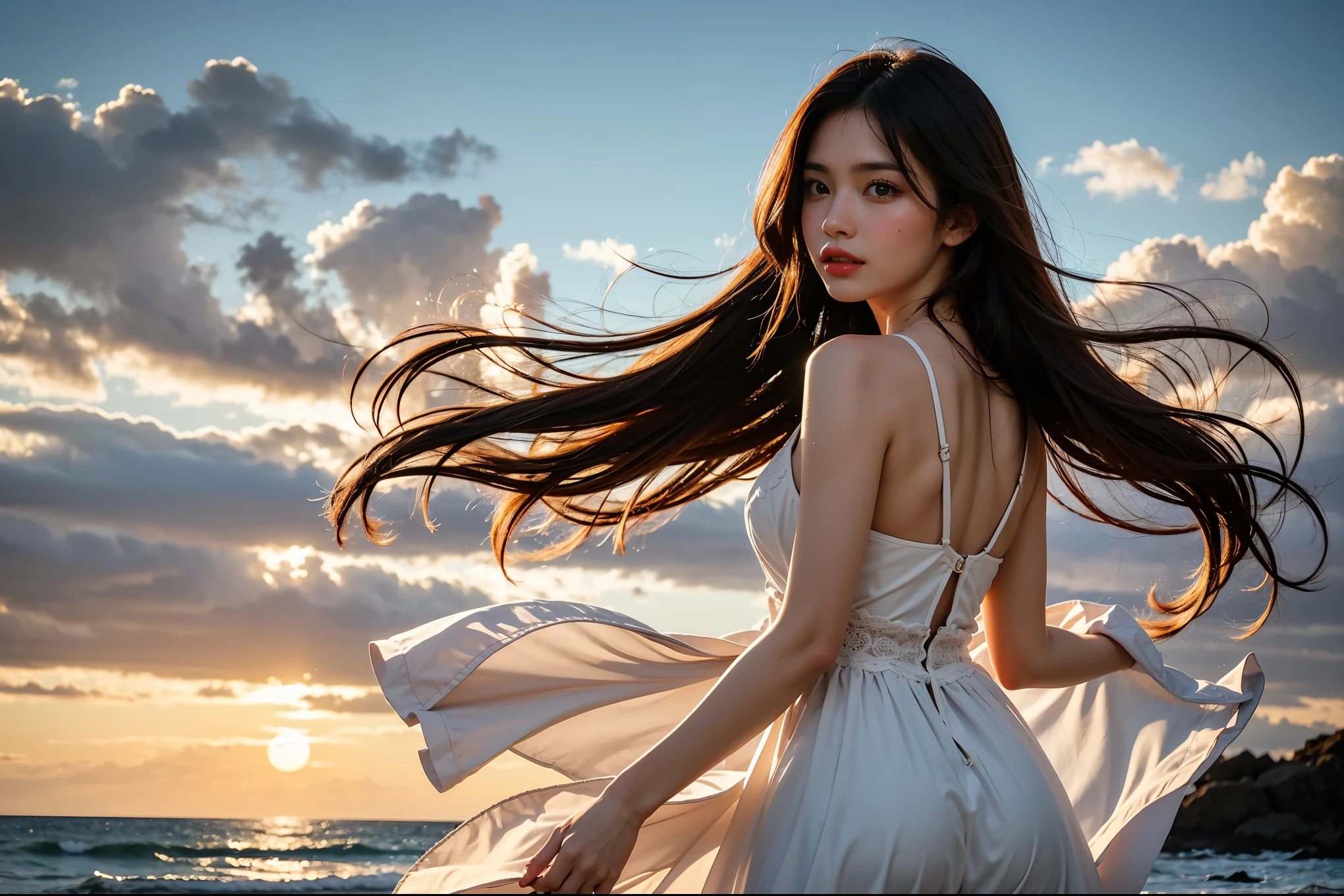 A stunning, cinematic photo of a young, free-spirited woman standing on a secluded beach, with her arms spread wide, embracing the wind and the vast ocean. Her hair dances playfully in the breeze as the waves crash against the rocks behind her. The sky is a breathtaking blend of warm oranges and pinks, with a distant sun casting a golden glow over the scene. The woman's facial expression exudes sheer joy and liberation, symbolizing her unwavering determination to live life on her own terms., photo, cinematic